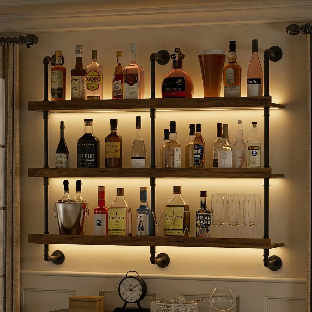 Home Bar Shelf - Wandgemonteerd wijnrek met LED-verlichting, drie lagen