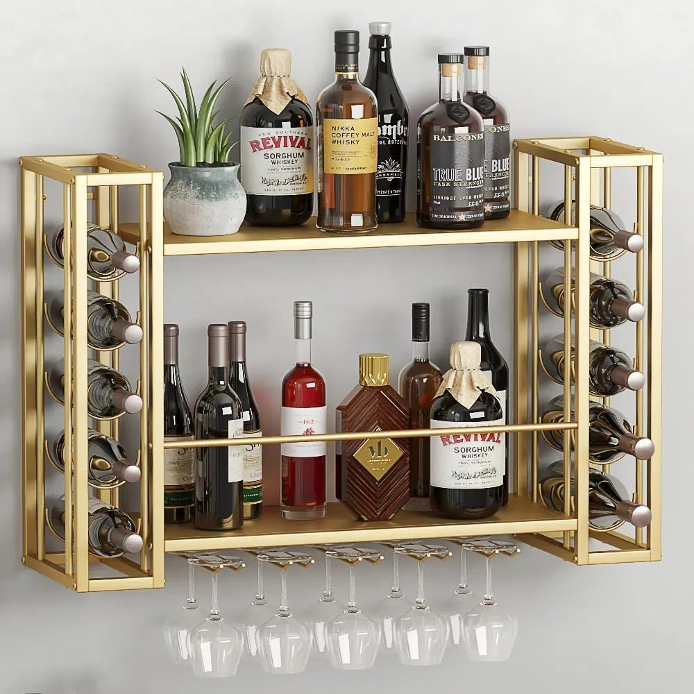 Home Bar Shelf - Wandgemonteerd wijnrek, wandgemonteerd wijnrek met wijnglazenrek,
